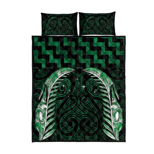 Green Matariki New Zealand Quilt Bed Set Maori Poutama Galaxy Vibes