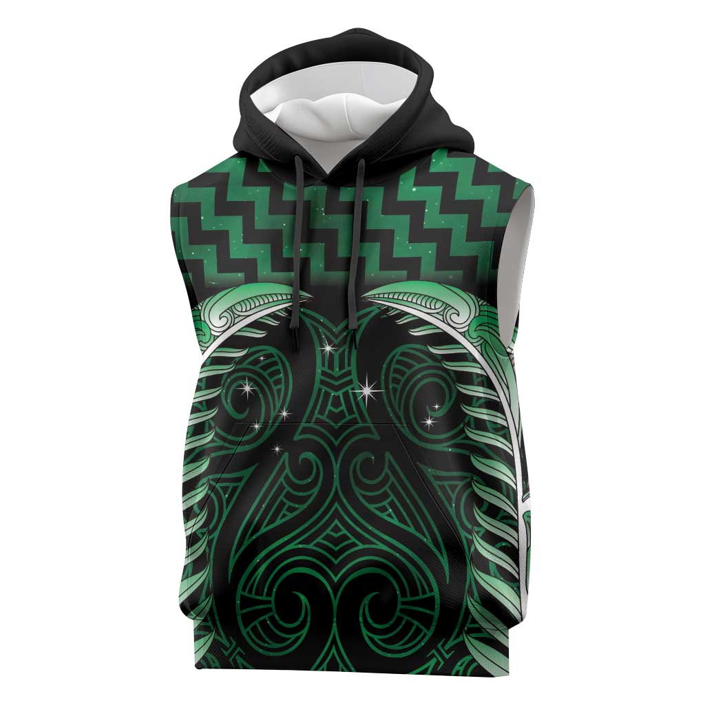Green Matariki New Zealand Sleeveless Hoodie Maori Poutama Galaxy Vibes - Aussie Hoodie