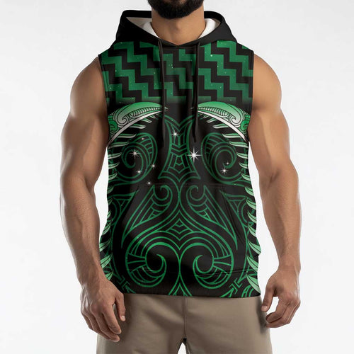 Green Matariki New Zealand Sleeveless Hoodie Maori Poutama Galaxy Vibes - Aussie Hoodie