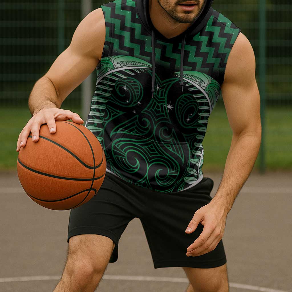 Green Matariki New Zealand Sleeveless Hoodie Maori Poutama Galaxy Vibes - Aussie Hoodie