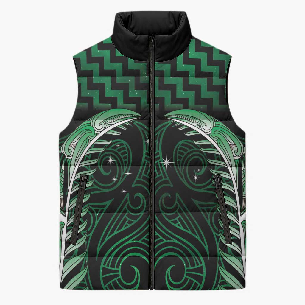 Green Matariki New Zealand Sleeveless Puffer Jacket Maori Poutama Galaxy Vibes - Aussie Hoodie