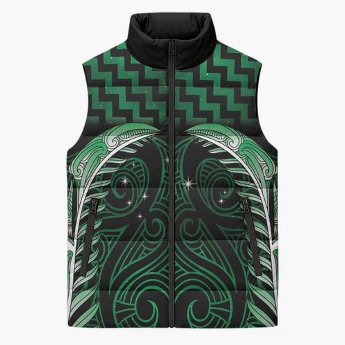 Green Matariki New Zealand Sleeveless Puffer Jacket Maori Poutama Galaxy Vibes - Aussie Hoodie