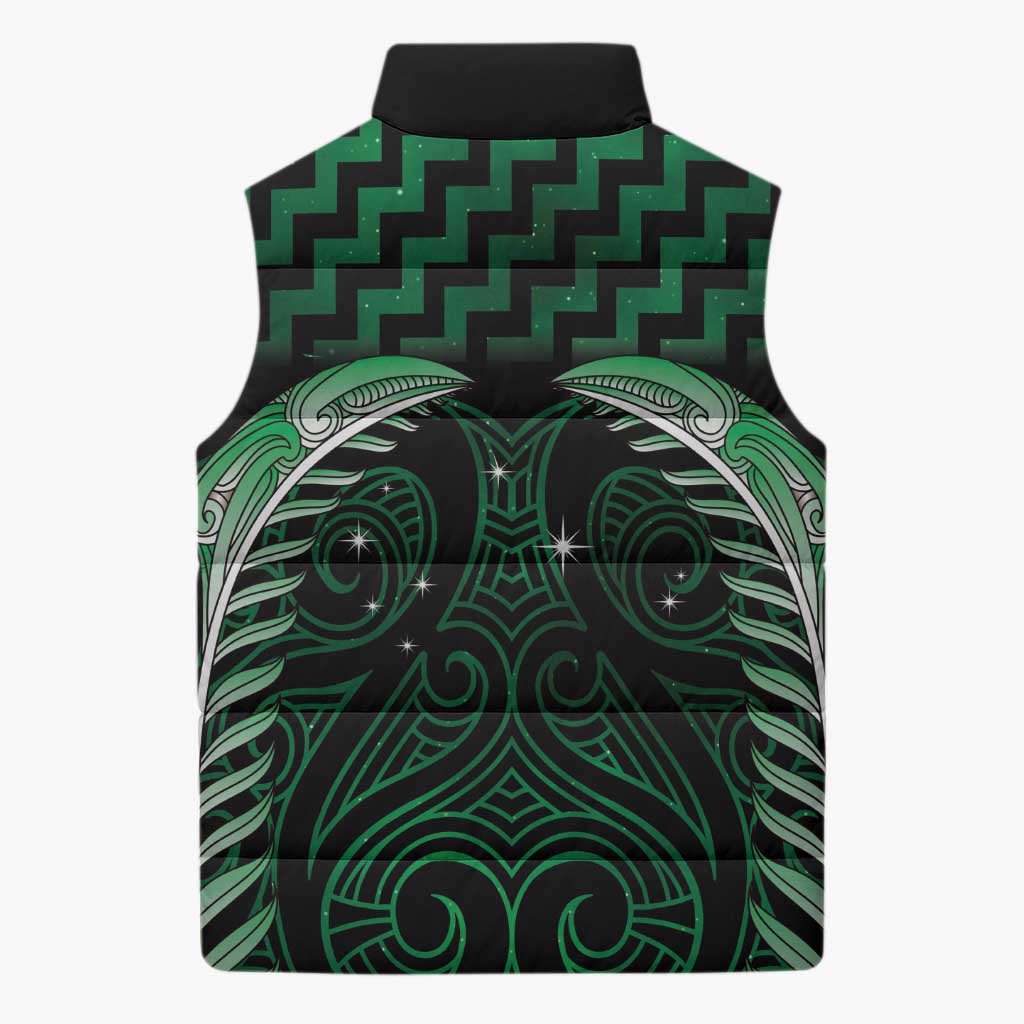 Green Matariki New Zealand Sleeveless Puffer Jacket Maori Poutama Galaxy Vibes - Aussie Hoodie