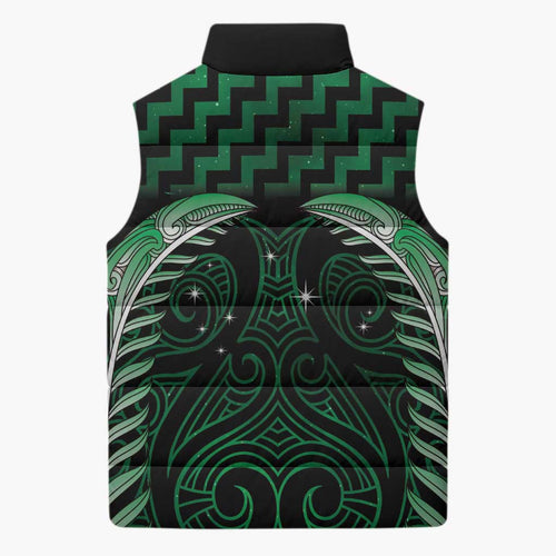 Green Matariki New Zealand Sleeveless Puffer Jacket Maori Poutama Galaxy Vibes - Aussie Hoodie