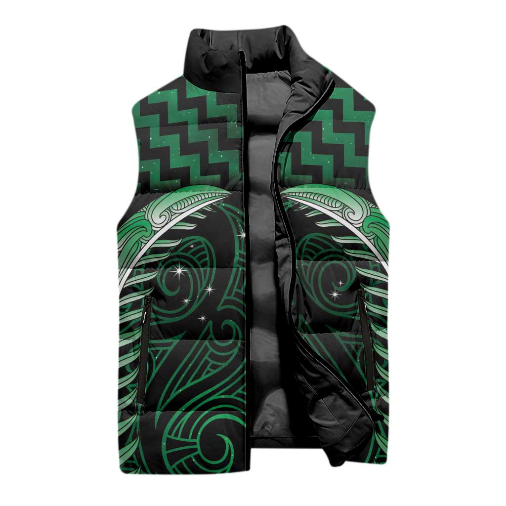 Green Matariki New Zealand Sleeveless Puffer Jacket Maori Poutama Galaxy Vibes - Aussie Hoodie