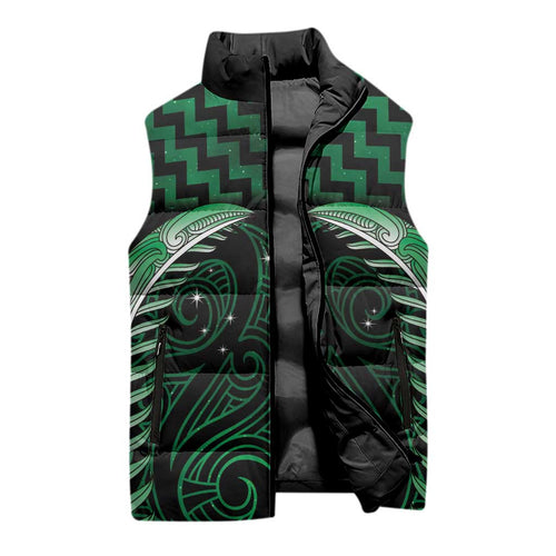 Green Matariki New Zealand Sleeveless Puffer Jacket Maori Poutama Galaxy Vibes - Aussie Hoodie
