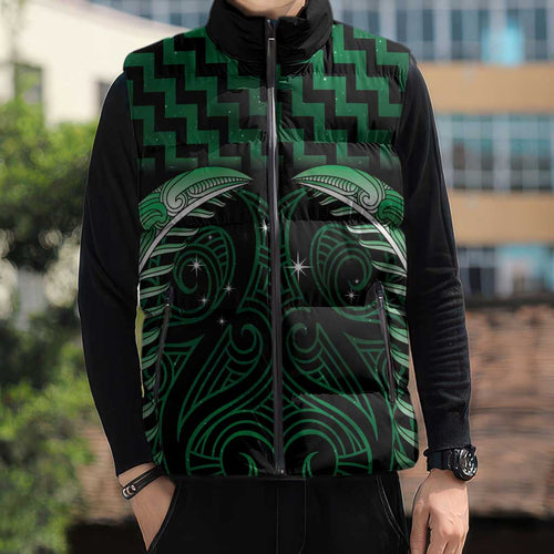 Green Matariki New Zealand Sleeveless Puffer Jacket Maori Poutama Galaxy Vibes - Aussie Hoodie