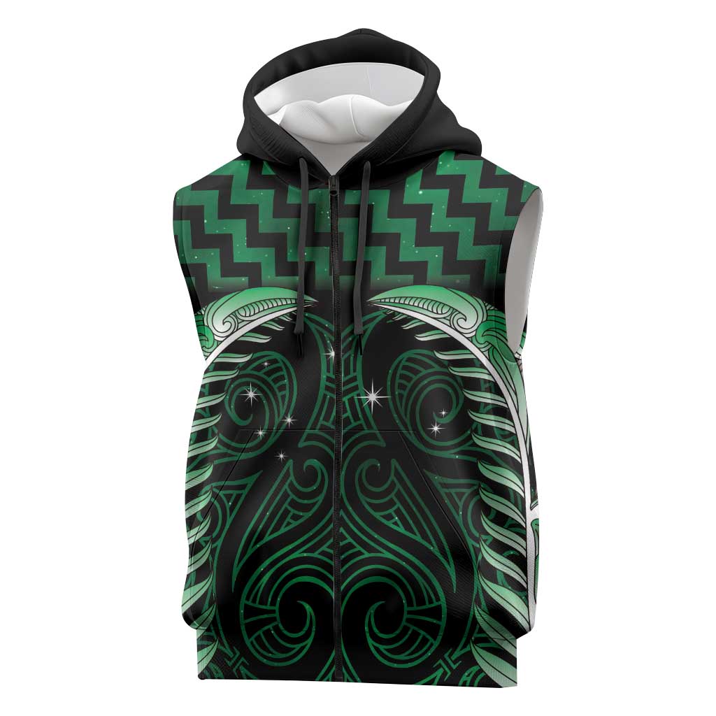 Green Matariki New Zealand Sleeveless Zip Hoodie Maori Poutama Galaxy Vibes LT14