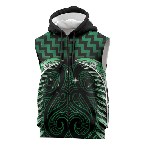 Green Matariki New Zealand Sleeveless Zip Hoodie Maori Poutama Galaxy Vibes LT14