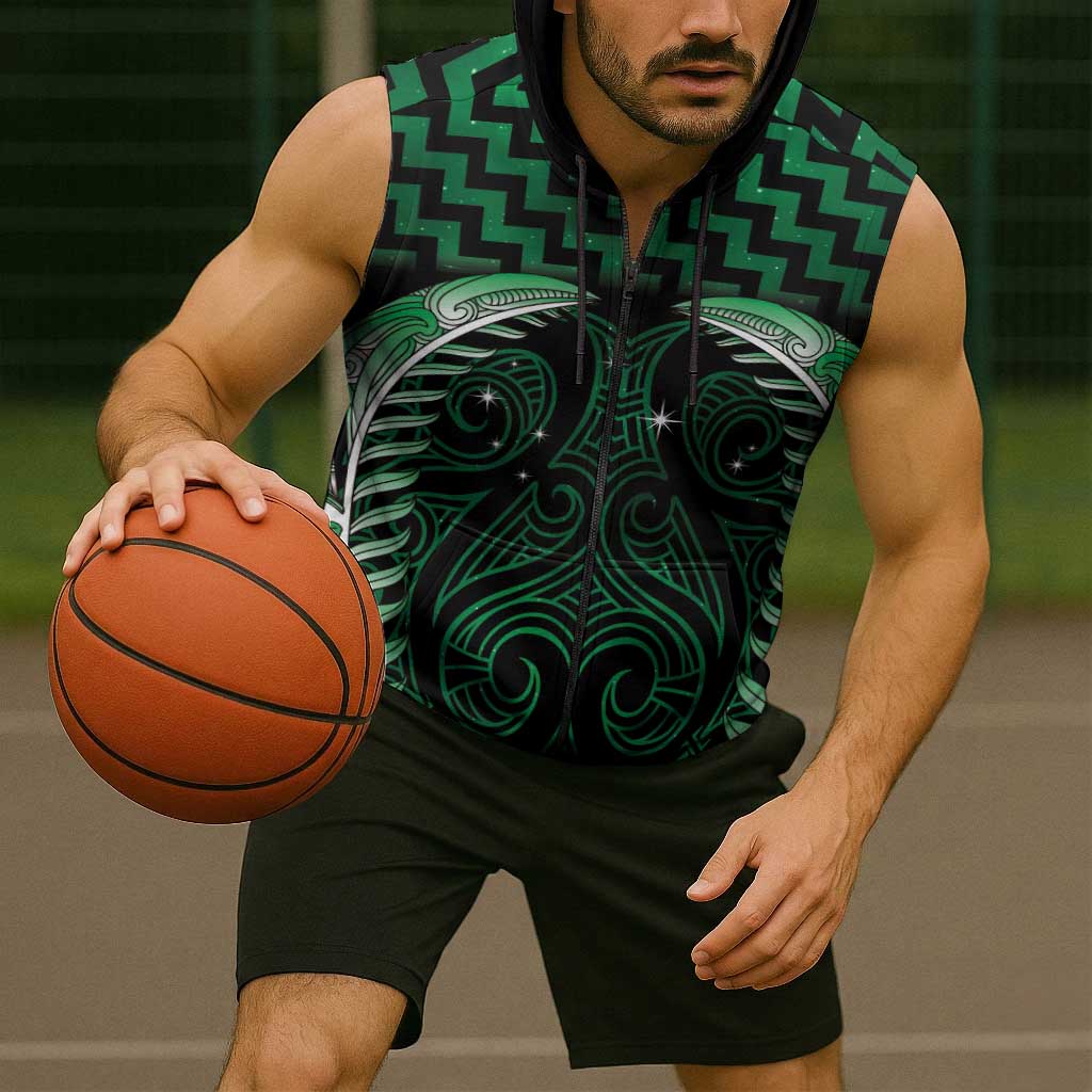 Green Matariki New Zealand Sleeveless Zip Hoodie Maori Poutama Galaxy Vibes LT14