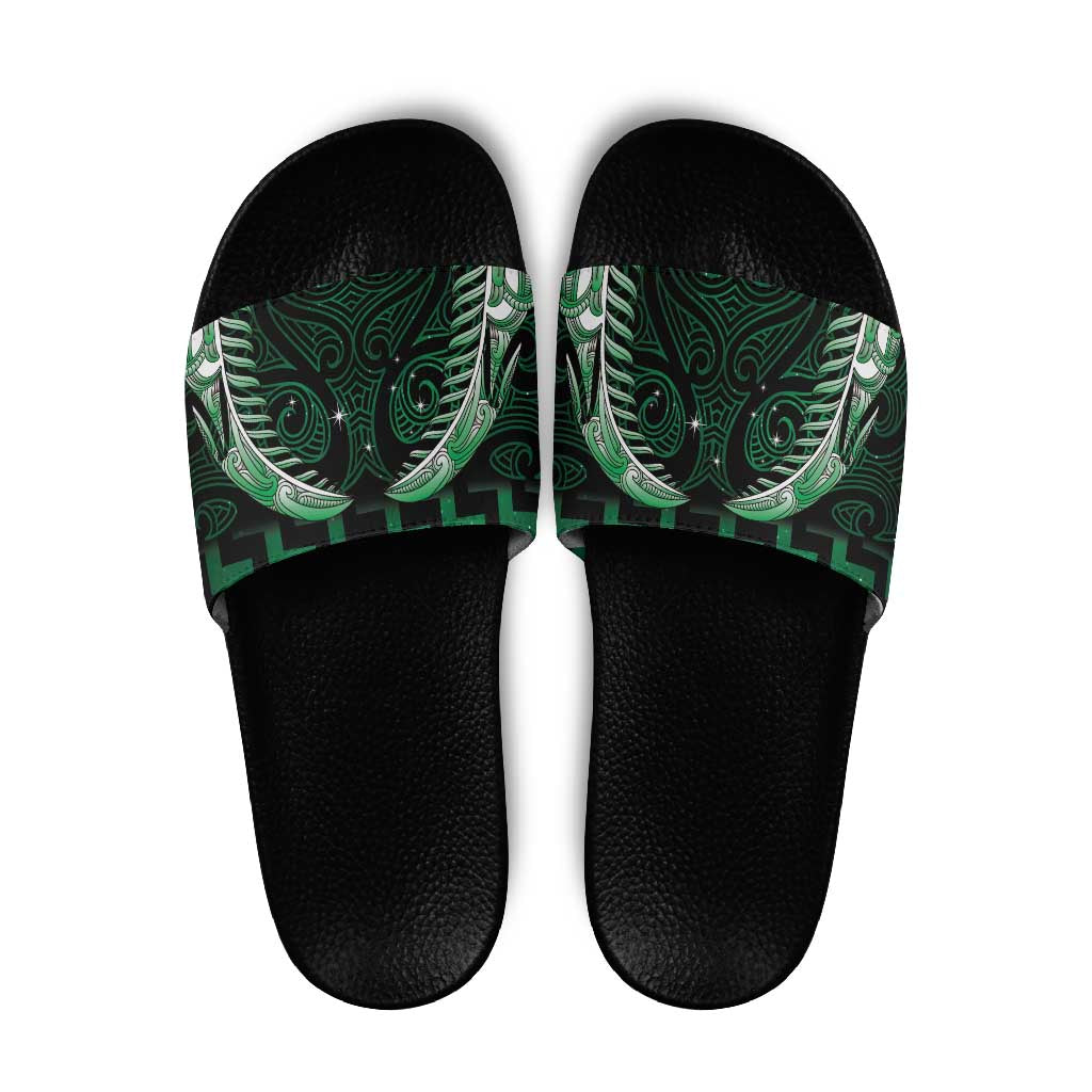 Green Matariki New Zealand Slide Sandals Maori Poutama Galaxy Vibes - Aussie Hoodie