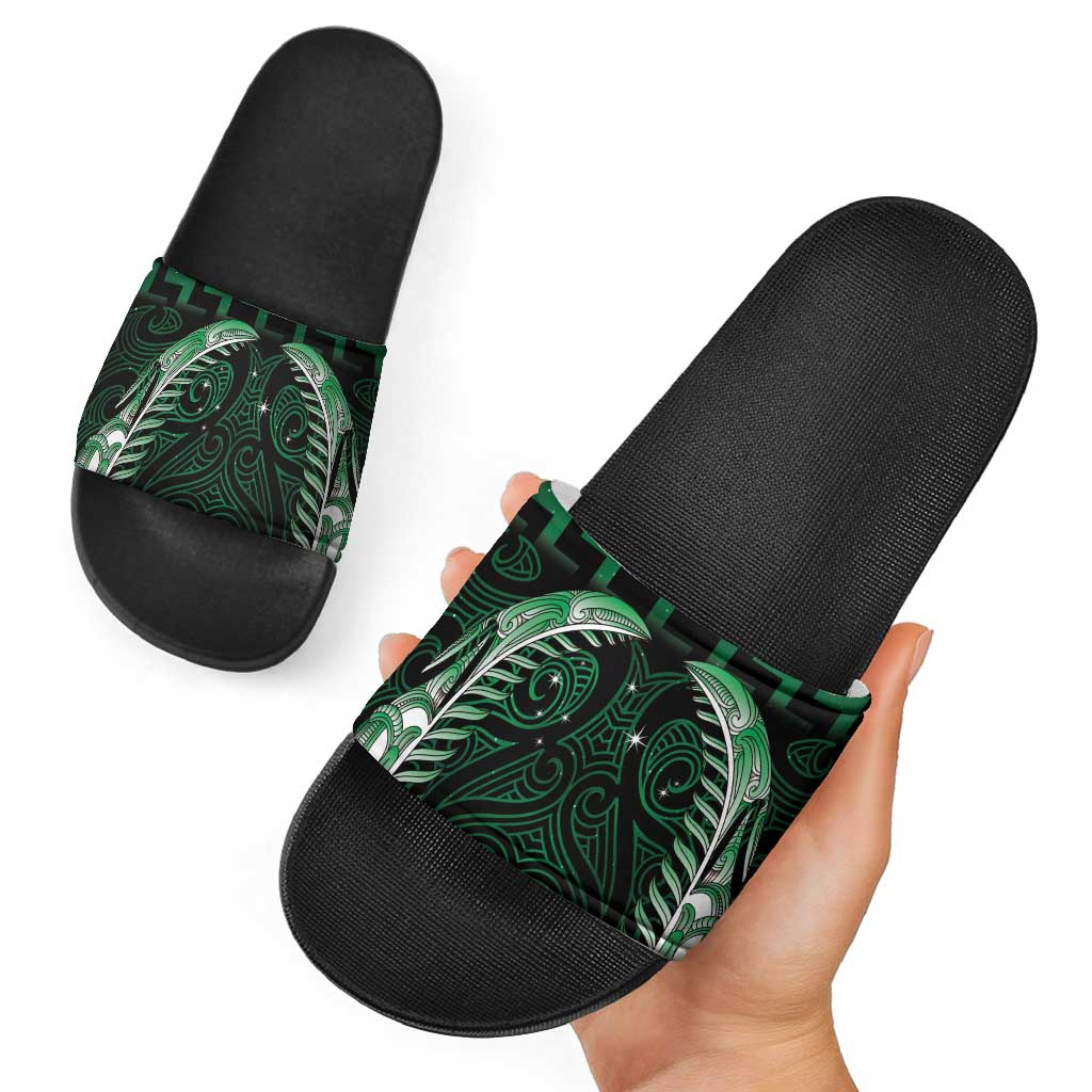 Green Matariki New Zealand Slide Sandals Maori Poutama Galaxy Vibes - Aussie Hoodie