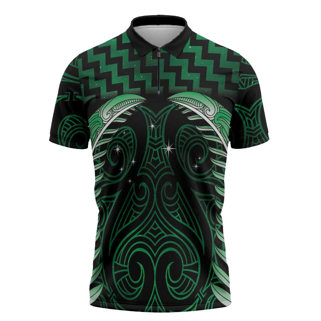 Green Matariki New Zealand Zipper Polo Shirt Maori Poutama Galaxy Vibes - Aussie Hoodie