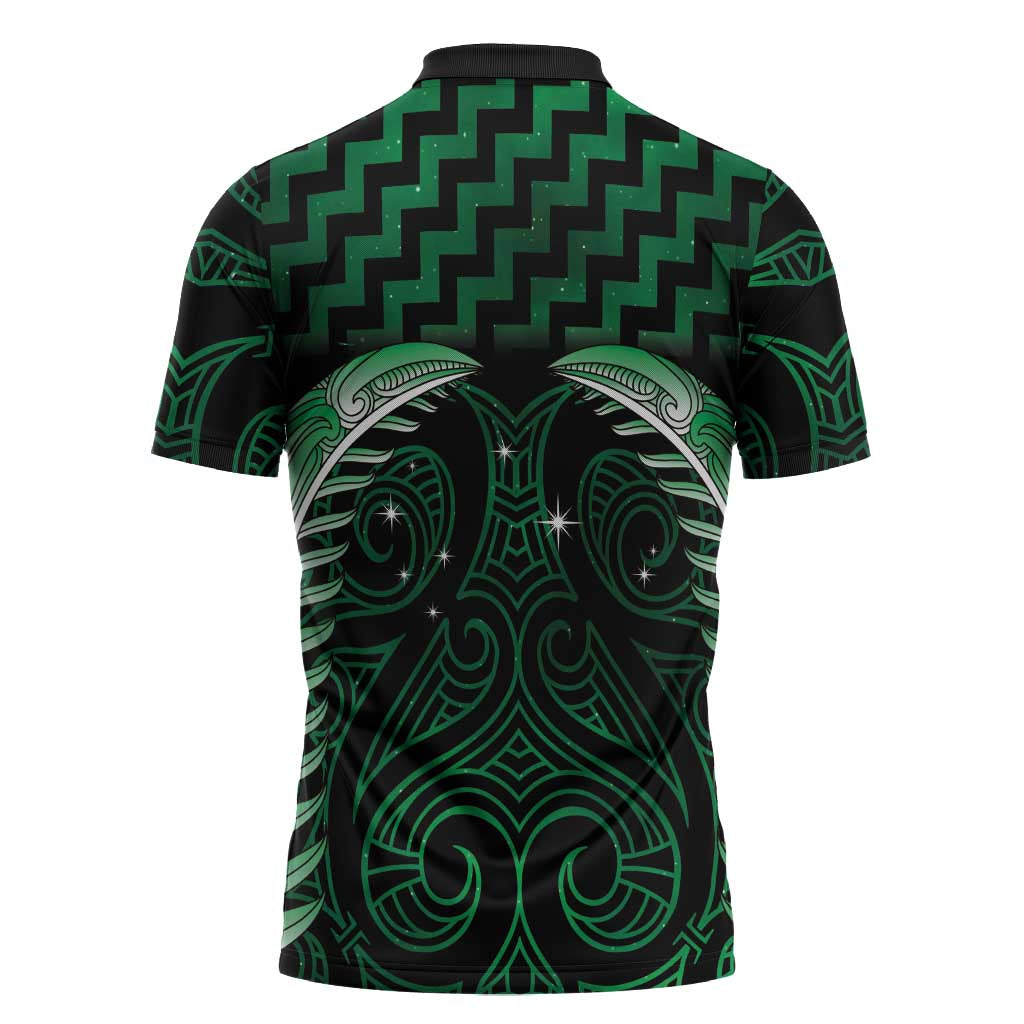 Green Matariki New Zealand Zipper Polo Shirt Maori Poutama Galaxy Vibes - Aussie Hoodie