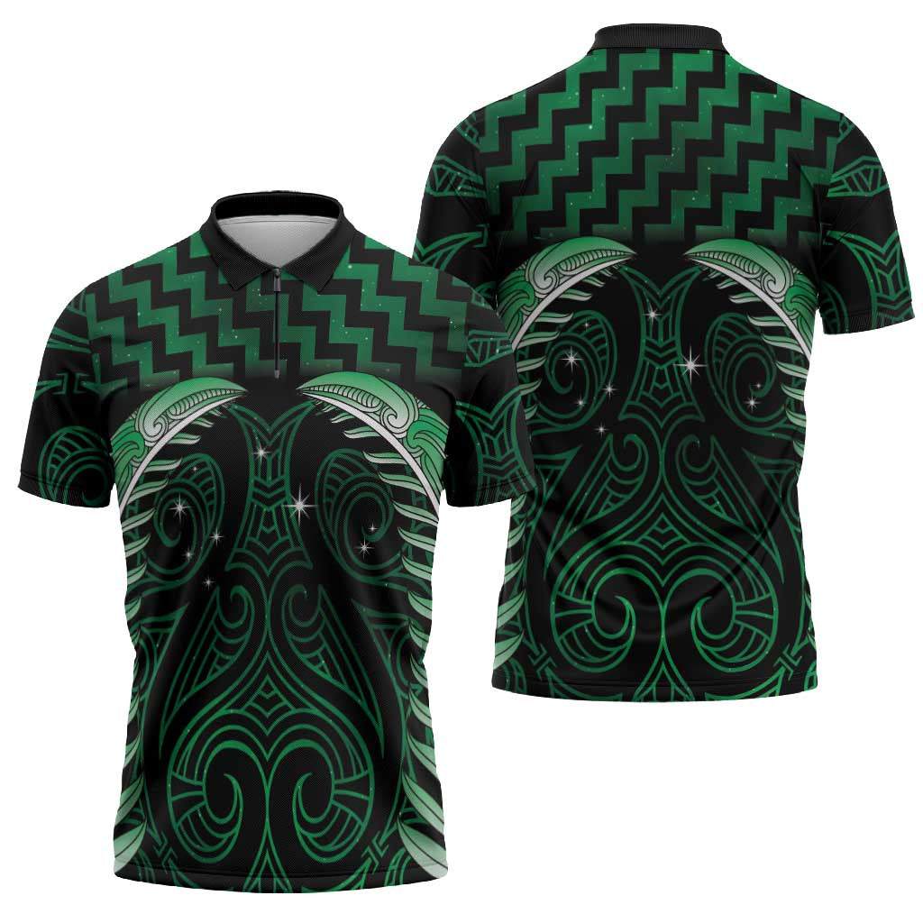 Green Matariki New Zealand Zipper Polo Shirt Maori Poutama Galaxy Vibes - Aussie Hoodie