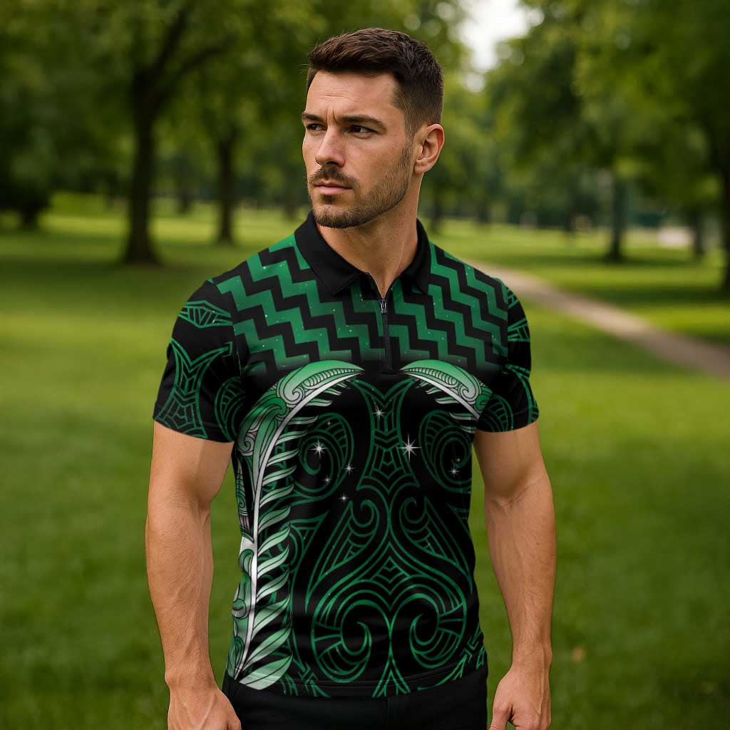 Green Matariki New Zealand Zipper Polo Shirt Maori Poutama Galaxy Vibes - Aussie Hoodie