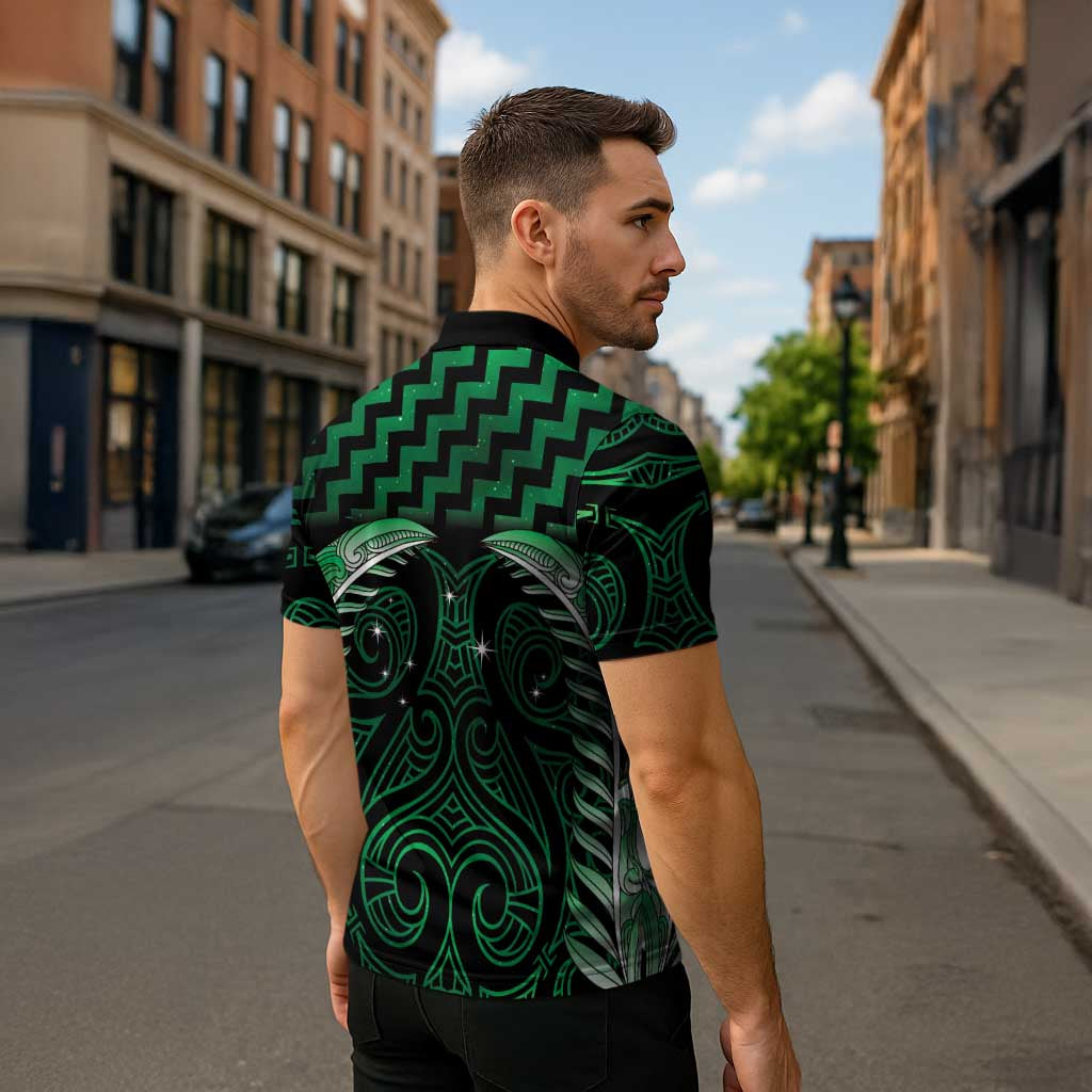 Green Matariki New Zealand Zipper Polo Shirt Maori Poutama Galaxy Vibes - Aussie Hoodie