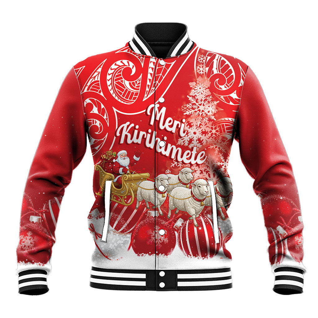 New Zealand Christmas In July Personalised Baseball Jacket Funny Santa Sheep Meri Kirihimete Red
