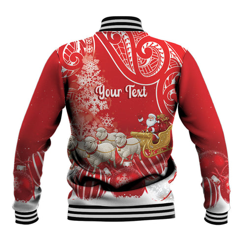 New Zealand Christmas In July Personalised Baseball Jacket Funny Santa Sheep Meri Kirihimete Red