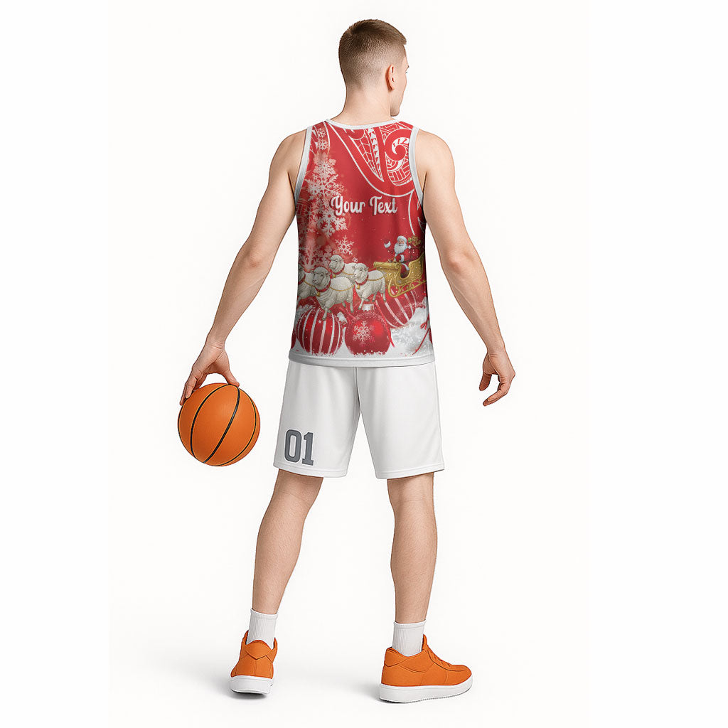 New Zealand Christmas In July Personalised Basketball Jersey Funny Santa Sheep Meri Kirihimete Red