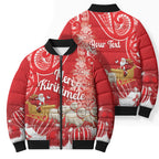 New Zealand Christmas In July Personalised Bomber Puffer Jacket Funny Santa Sheep Meri Kirihimete Red