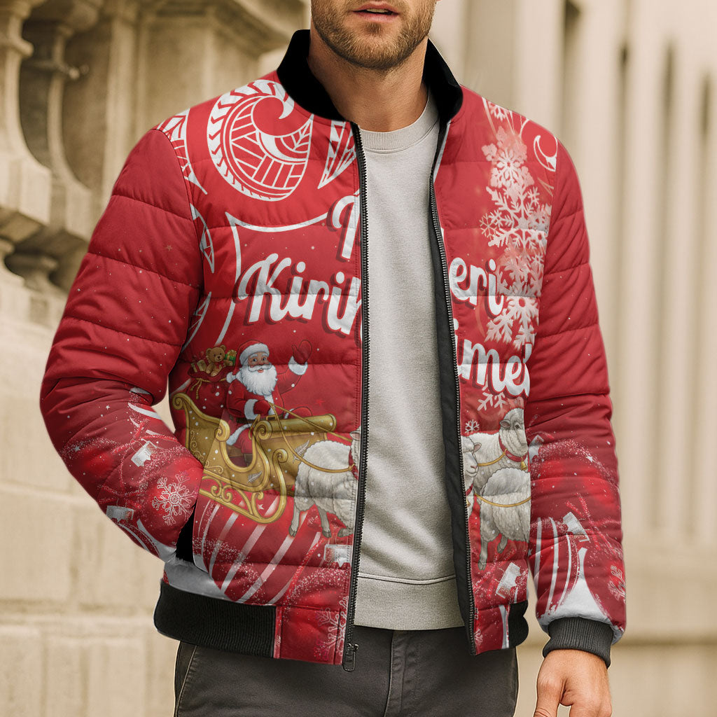 New Zealand Christmas In July Personalised Bomber Puffer Jacket Funny Santa Sheep Meri Kirihimete Red