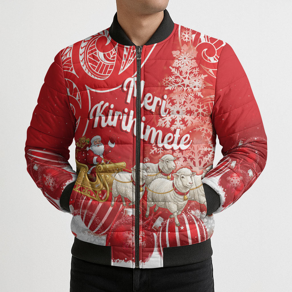 New Zealand Christmas In July Personalised Bomber Puffer Jacket Funny Santa Sheep Meri Kirihimete Red
