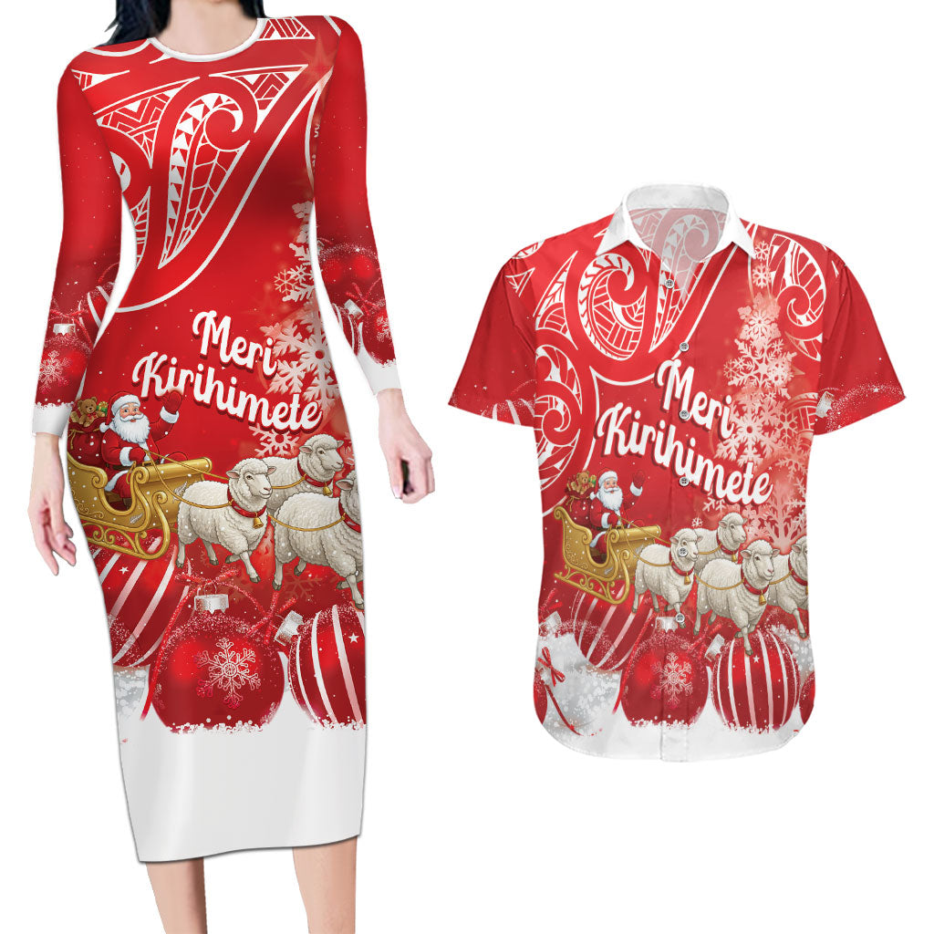 New Zealand Christmas In July Personalised Couples Matching Long Sleeve Bodycon Dress and Hawaiian Shirt Funny Santa Sheep Meri Kirihimete Red