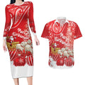 New Zealand Christmas In July Personalised Couples Matching Long Sleeve Bodycon Dress and Hawaiian Shirt Funny Santa Sheep Meri Kirihimete Red