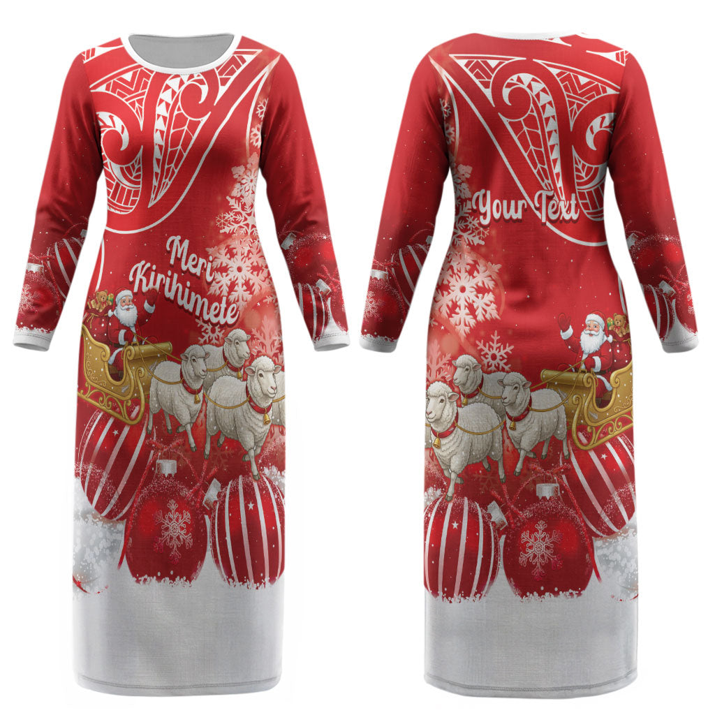 New Zealand Christmas In July Personalised Couples Matching Long Sleeve Bodycon Dress and Hawaiian Shirt Funny Santa Sheep Meri Kirihimete Red LT14