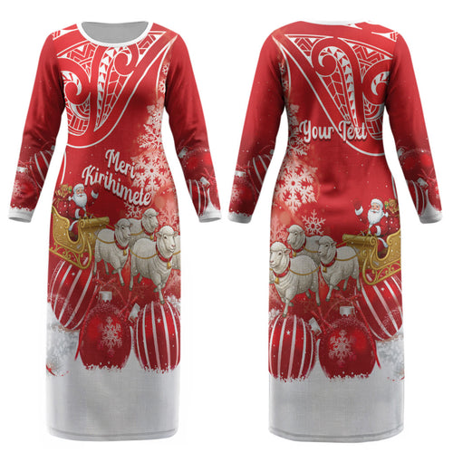 New Zealand Christmas In July Personalised Couples Matching Long Sleeve Bodycon Dress and Hawaiian Shirt Funny Santa Sheep Meri Kirihimete Red LT14