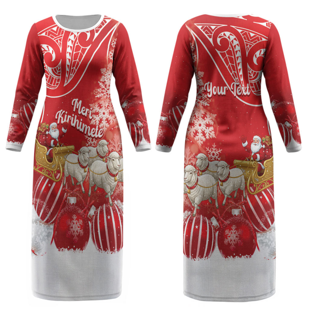 New Zealand Christmas In July Personalised Couples Matching Long Sleeve Bodycon Dress and Long Sleeve Button Shirt Funny Santa Sheep Meri Kirihimete Red LT14