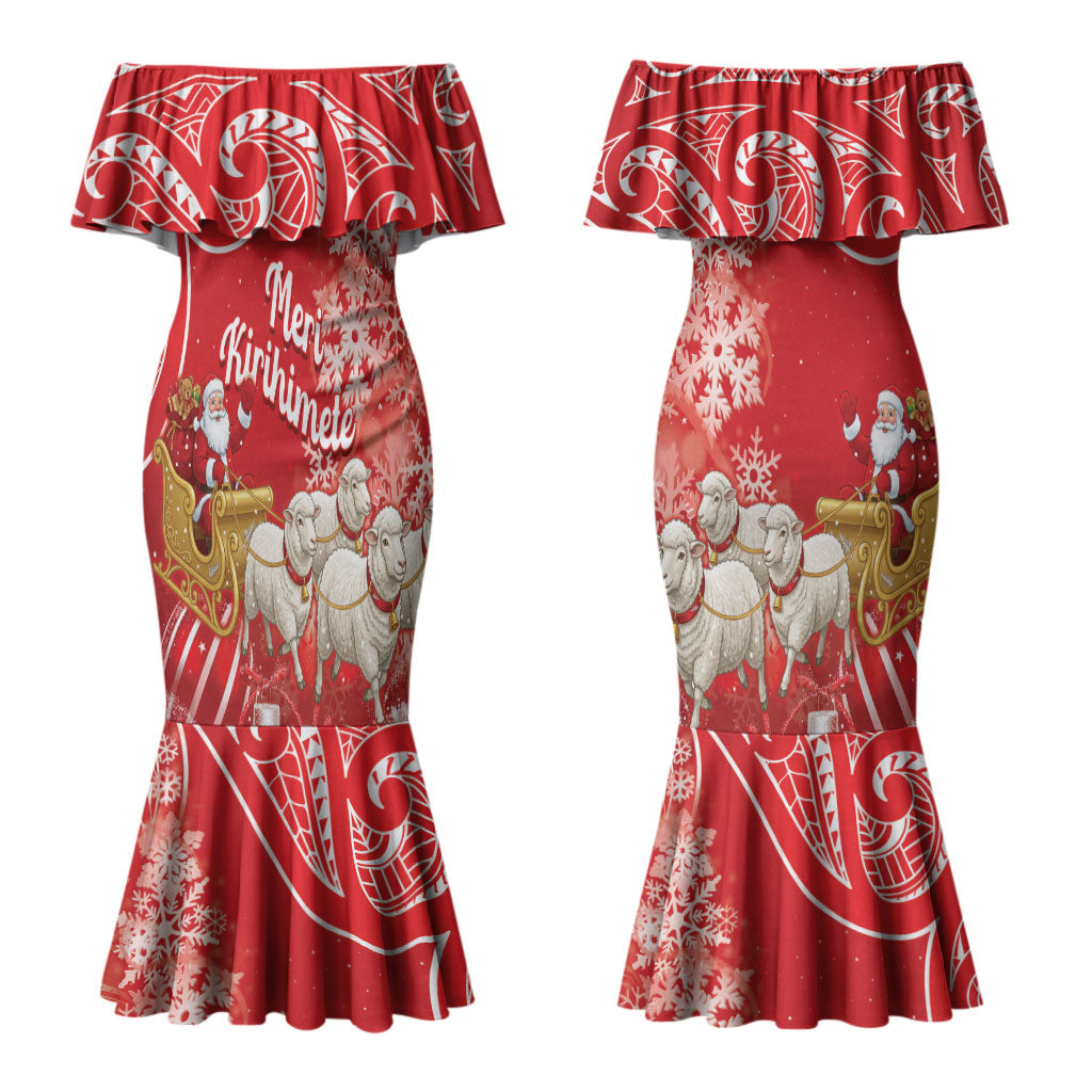 New Zealand Christmas In July Personalised Couples Matching Mermaid Dress and Long Sleeve Button Shirt Funny Santa Sheep Meri Kirihimete Red LT14