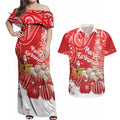 New Zealand Christmas In July Personalised Couples Matching Off Shoulder Maxi Dress and Hawaiian Shirt Funny Santa Sheep Meri Kirihimete Red