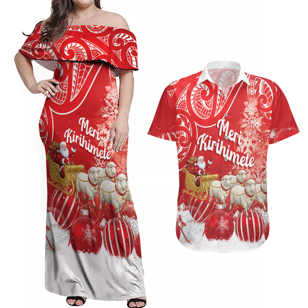 New Zealand Christmas In July Personalised Couples Matching Off Shoulder Maxi Dress and Hawaiian Shirt Funny Santa Sheep Meri Kirihimete Red