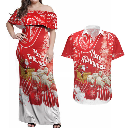 New Zealand Christmas In July Personalised Couples Matching Off Shoulder Maxi Dress and Hawaiian Shirt Funny Santa Sheep Meri Kirihimete Red