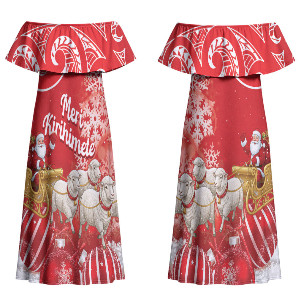 New Zealand Christmas In July Personalised Couples Matching Off Shoulder Maxi Dress and Hawaiian Shirt Funny Santa Sheep Meri Kirihimete Red LT14