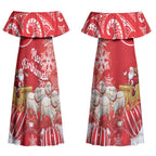 New Zealand Christmas In July Personalised Couples Matching Off Shoulder Maxi Dress and Hawaiian Shirt Funny Santa Sheep Meri Kirihimete Red LT14