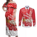 New Zealand Christmas In July Personalised Couples Matching Off Shoulder Maxi Dress and Long Sleeve Button Shirt Funny Santa Sheep Meri Kirihimete Red