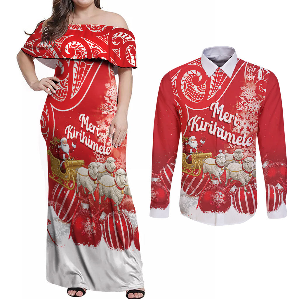 New Zealand Christmas In July Personalised Couples Matching Off Shoulder Maxi Dress and Long Sleeve Button Shirt Funny Santa Sheep Meri Kirihimete Red