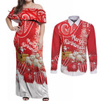 New Zealand Christmas In July Personalised Couples Matching Off Shoulder Maxi Dress and Long Sleeve Button Shirt Funny Santa Sheep Meri Kirihimete Red