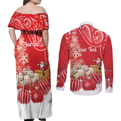 New Zealand Christmas In July Personalised Couples Matching Off Shoulder Maxi Dress and Long Sleeve Button Shirt Funny Santa Sheep Meri Kirihimete Red