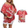 New Zealand Christmas In July Personalised Couples Matching Off Shoulder Short Dress and Hawaiian Shirt Funny Santa Sheep Meri Kirihimete Red
