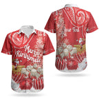 New Zealand Christmas In July Personalised Couples Matching Off Shoulder Short Dress and Hawaiian Shirt Funny Santa Sheep Meri Kirihimete Red LT14