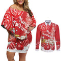 New Zealand Christmas In July Personalised Couples Matching Off Shoulder Short Dress and Long Sleeve Button Shirt Funny Santa Sheep Meri Kirihimete Red