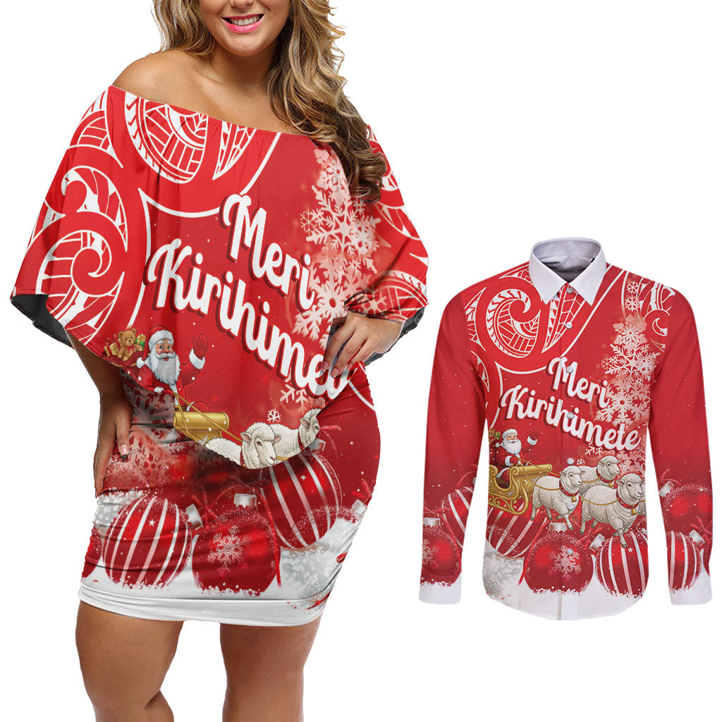 New Zealand Christmas In July Personalised Couples Matching Off Shoulder Short Dress and Long Sleeve Button Shirt Funny Santa Sheep Meri Kirihimete Red