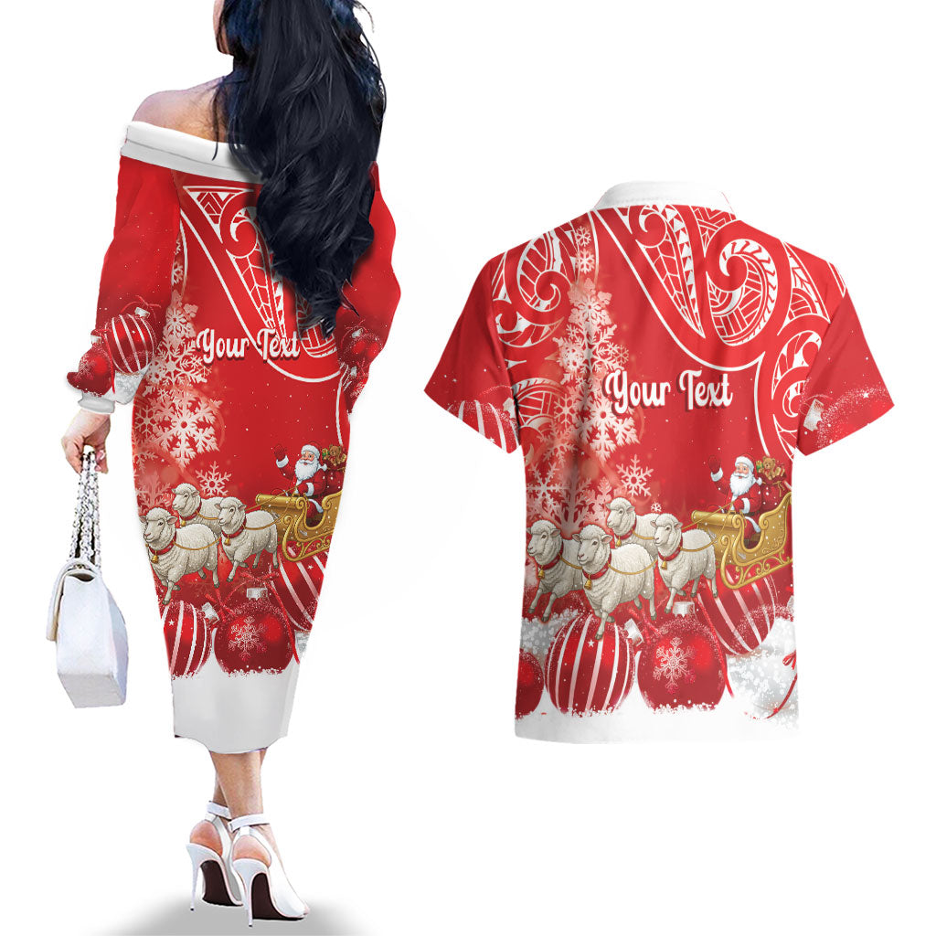 New Zealand Christmas In July Personalised Couples Matching Off The Shoulder Long Sleeve Dress and Hawaiian Shirt Funny Santa Sheep Meri Kirihimete Red