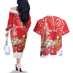 New Zealand Christmas In July Personalised Couples Matching Off The Shoulder Long Sleeve Dress and Hawaiian Shirt Funny Santa Sheep Meri Kirihimete Red