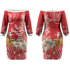 New Zealand Christmas In July Personalised Couples Matching Off The Shoulder Long Sleeve Dress and Hawaiian Shirt Funny Santa Sheep Meri Kirihimete Red LT14
