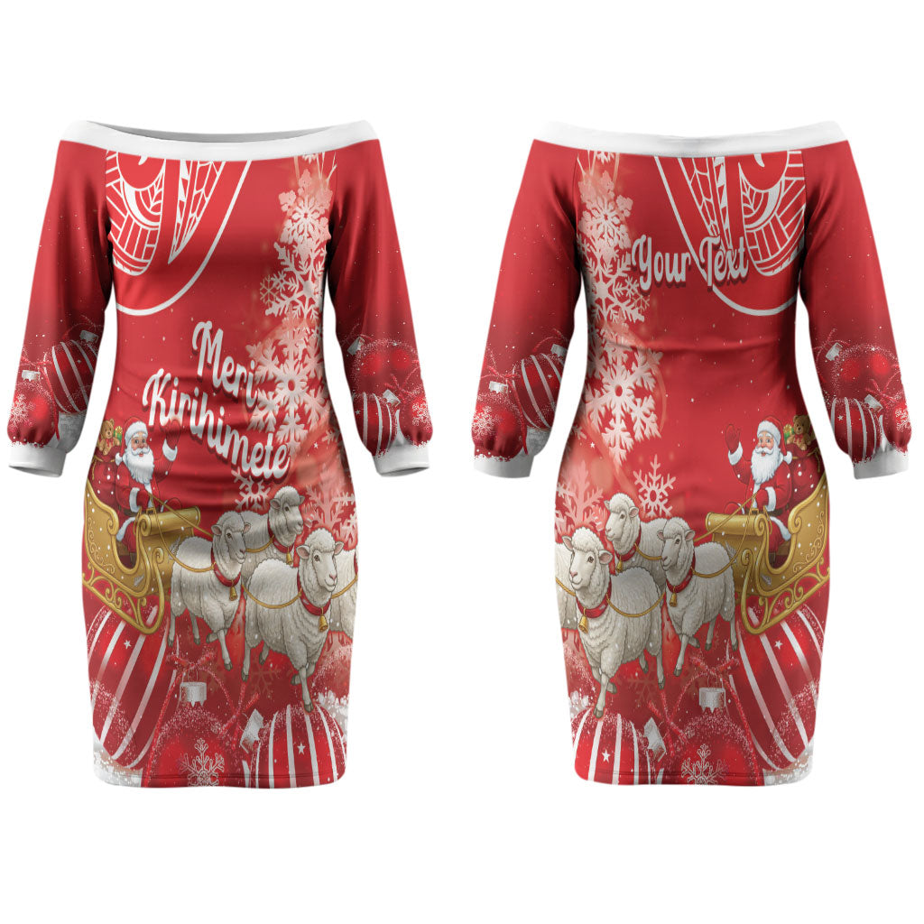 New Zealand Christmas In July Personalised Couples Matching Off The Shoulder Long Sleeve Dress and Hawaiian Shirt Funny Santa Sheep Meri Kirihimete Red LT14